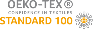 Logo du label Oeko-Tex Standard 100, certifiant la qualité des textiles, notamment concernant le respect de la peau.