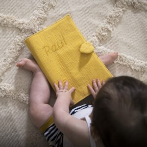 effet personnel au nom de bebe : bébé assit avec une housse de protection carnet de santé avec la broderie du prénom